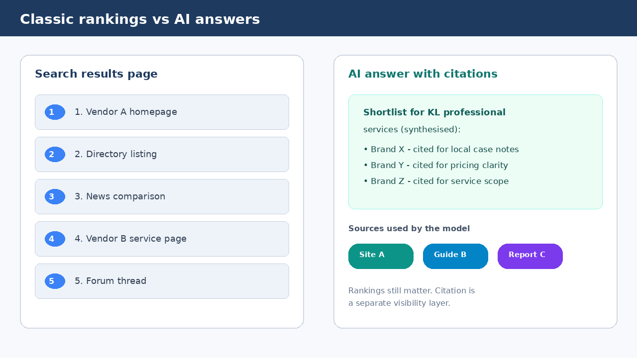 Side-by-side illustration of a classic ranked search results list versus an AI answer card with citation chips